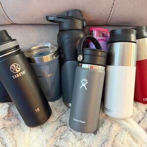 7 Water bottles/mugs (Stanley, Hydroflask, Camelbak, Under Armour, Takeya, Zulu)